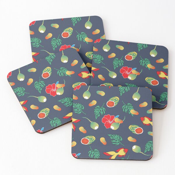 Item preview, Caribbean folk art with coconut, hibiscus flower, mango, fish and watermelon on navy background. designed and sold by RosebudTextilesArt.