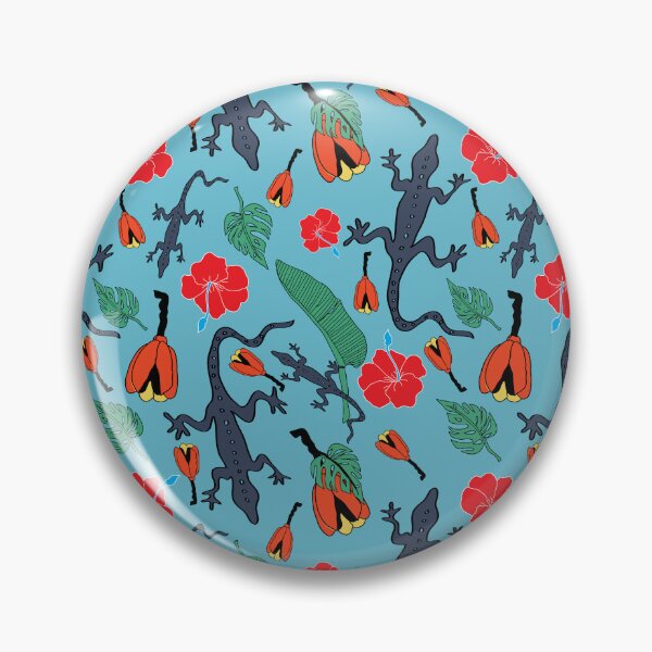 Item preview, Caribbean folk art with hibiscus flowers, lizards, palm leaves and caribbean fruit on blue background. designed and sold by RosebudTextilesArt.