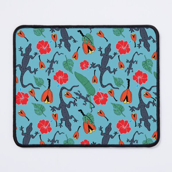 Item preview, Caribbean folk art with hibiscus flowers, lizards, palm leaves and caribbean fruit on blue background. designed and sold by RosebudTextilesArt.