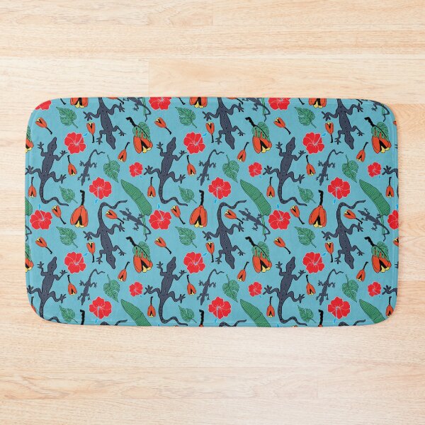 Item preview, Caribbean folk art with hibiscus flowers, lizards, palm leaves and caribbean fruit on blue background. designed and sold by RosebudTextilesArt.