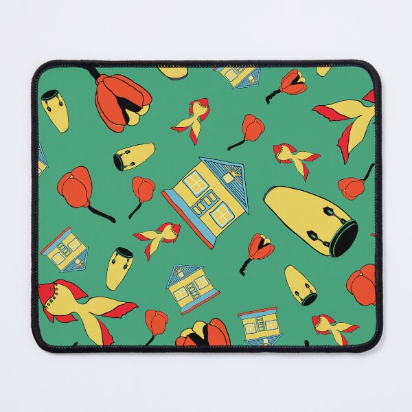 Item preview, Caribbean folk art with fish, fruits, house and drums on green background. designed and sold by RosebudTextilesArt.