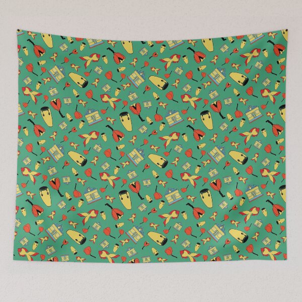 Item preview, Caribbean folk art with fish, fruits, house and drums on green background. designed and sold by RosebudTextilesArt.