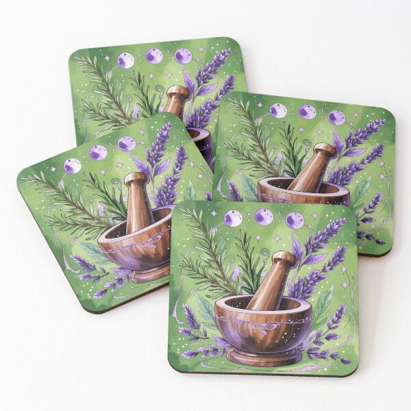 Item preview, Witchy Mortar Pestle Lavender Herbs Moon Phases Art designed and sold by NuniDesigns.