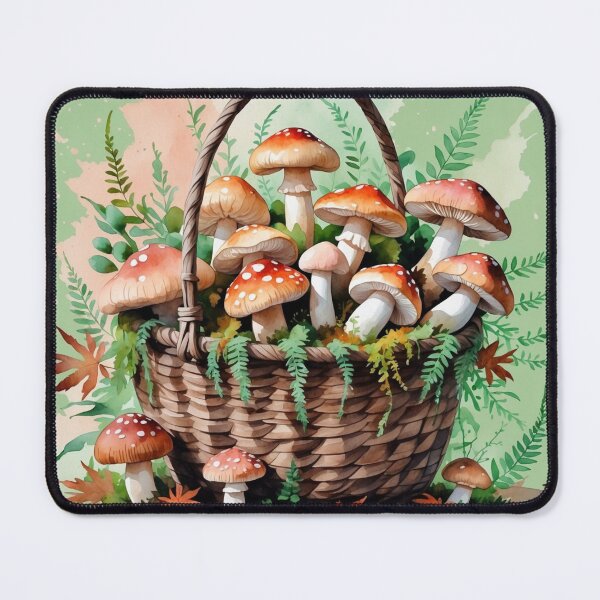 Item preview, Watercolor Mushroom Basket with Ferns Forest Art designed and sold by NuniDesigns.