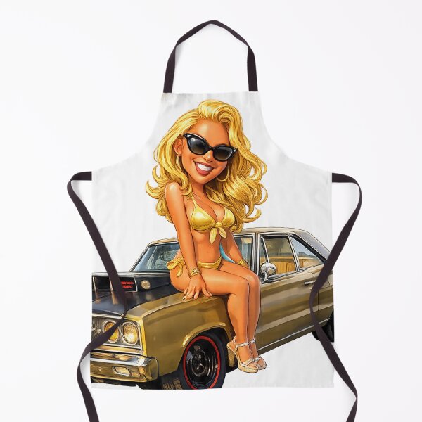 Artikelvorschau, Blonde Pin-up-Girl im goldenen Bikini sitzt in einem Hot Rod. entworfen und verkauft von Arte Cartoon From TagTeam Group.