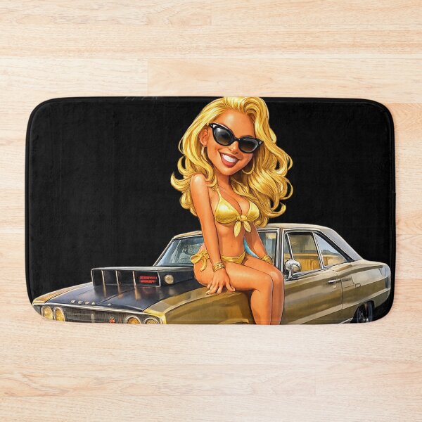 Artikelvorschau, Blonde Pin-up-Girl im goldenen Bikini sitzt in einem Hot Rod. entworfen und verkauft von Arte Cartoon From TagTeam Group.