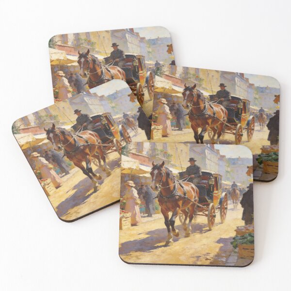 Item preview, Vintage Horse Carriage on Charming Street Market, Dreamy Impressionist Painting designed and sold by BlareBlare.