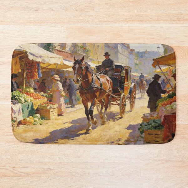 Item preview, Vintage Horse Carriage on Charming Street Market, Dreamy Impressionist Painting designed and sold by BlareBlare.