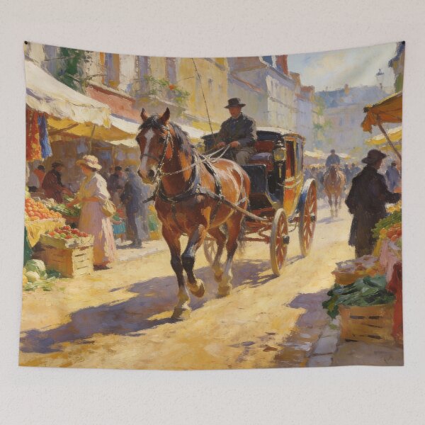 Item preview, Vintage Horse Carriage on Charming Street Market, Dreamy Impressionist Painting designed and sold by BlareBlare.
