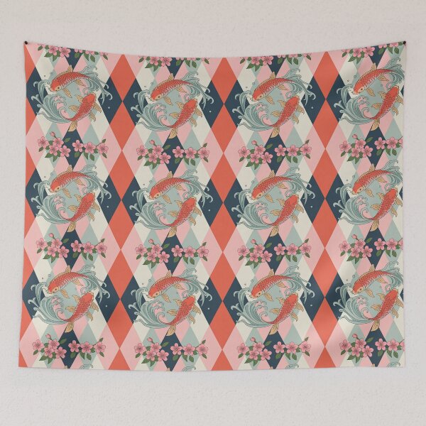Item preview, Koi Sakura Argyle Pattern – Japanese Floral Fish Seamless Textile Design designed and sold by Tamas Das.
