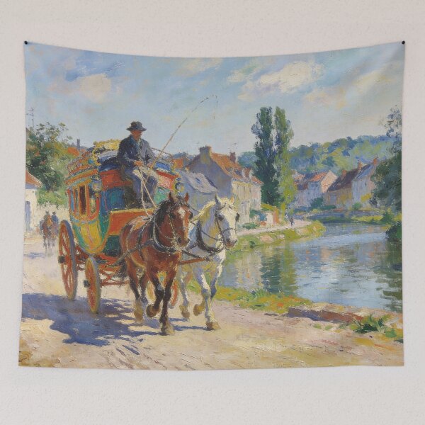 Item preview, Romantic Carriage Ride Through Village Canal, Impressionism Style Art Print designed and sold by BlareBlare.