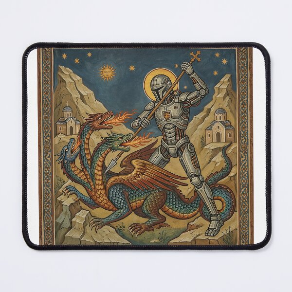 Item preview, Cyberpunk Saint George: Robot vs. Dragon Byzantine Icon designed and sold by FlatlineArtCo.