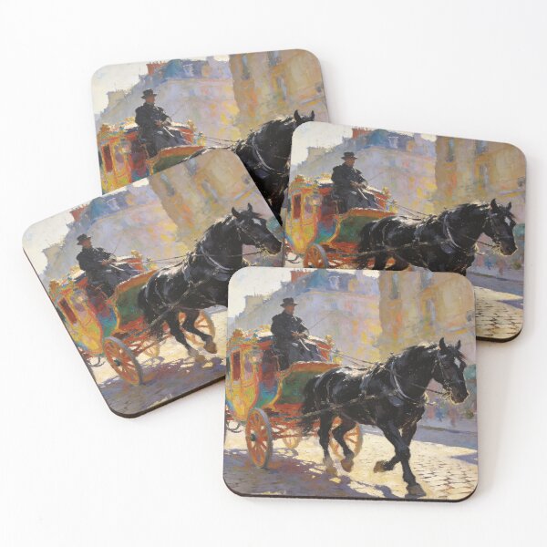 Item preview, Classic Horse-Drawn Carriage in European Village Market Street, Timeless Impressionist Art designed and sold by BlareBlare.