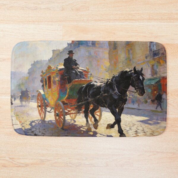 Item preview, Classic Horse-Drawn Carriage in European Village Market Street, Timeless Impressionist Art designed and sold by BlareBlare.