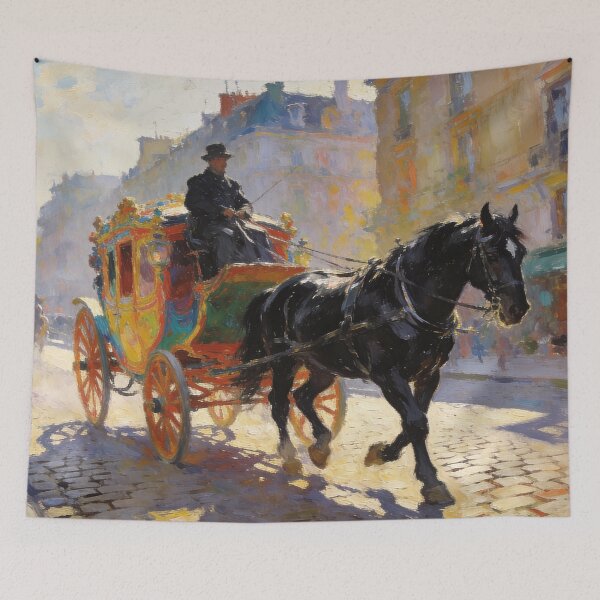 Item preview, Classic Horse-Drawn Carriage in European Village Market Street, Timeless Impressionist Art designed and sold by BlareBlare.
