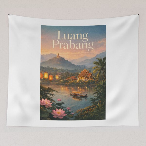 Item preview, Luang Prabang Laos Mekong River Sunset Temples Mountains designed and sold by Aryabek.
