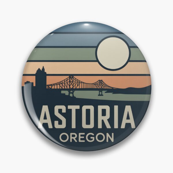 Item preview, Astoria Oregon: Retro Striped Sunset Bridge & Skyline Badge designed and sold by CircinusStore.