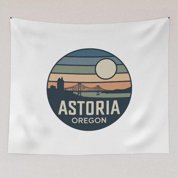 Item preview, Astoria Oregon: Retro Striped Sunset Bridge & Skyline Badge designed and sold by CircinusStore.
