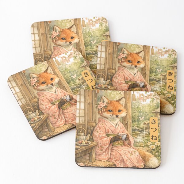 Item preview, Kitsune Fox Tea Time Japanese Garden Kimono Cottagecore Watercolor Art designed and sold by Nami Print.