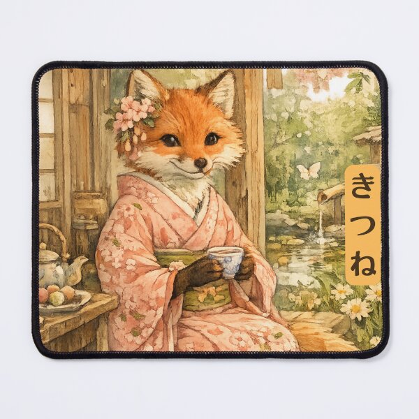 Item preview, Kitsune Fox Tea Time Japanese Garden Kimono Cottagecore Watercolor Art designed and sold by Nami Print.