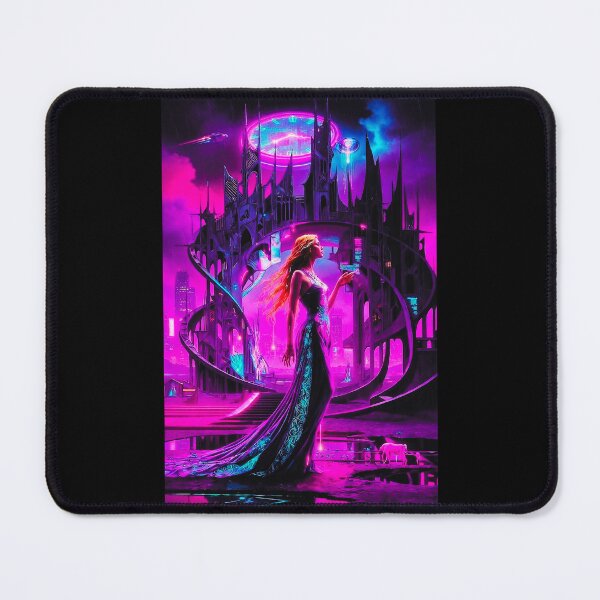 Item preview, Cyberpunk Goddess in Neon Gothic City - Futuristic Woman with Flowing Hair & Giant Clock Tower designed and sold by David Brookes Digital.