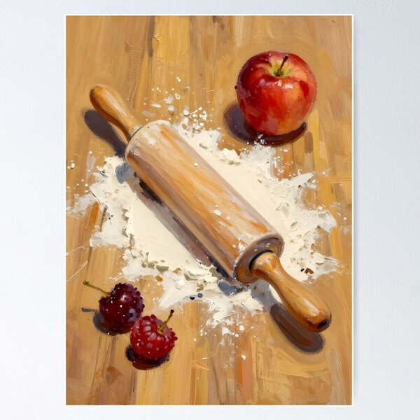 Item preview, Rolling Pin with Flour and Fruit — Folk Art Baking Print designed and sold by Kelvin Hughes Design.