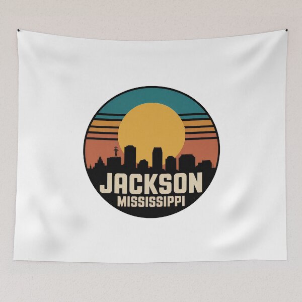 Item preview, Jackson Mississippi: Retro Striped Sunset Skyline Badge designed and sold by CircinusStore.