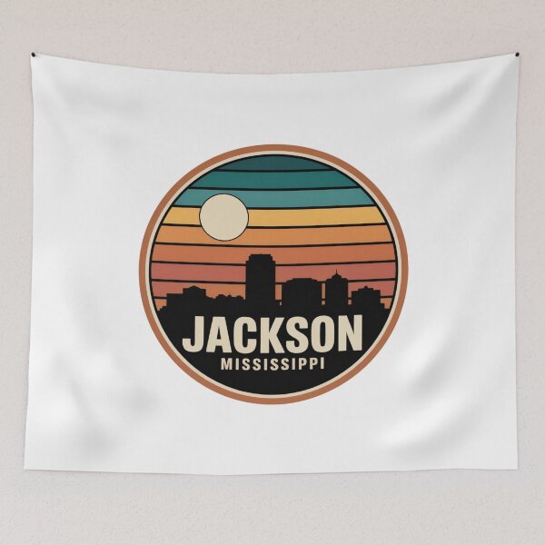 Item preview, Jackson Mississippi: Retro Striped Sunset Skyline Badge designed and sold by CircinusStore.