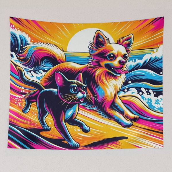 Item preview, Neon Sunset Run –Chihuahua dog & Cat Beach Adventure designed and sold by Dogandesighn.