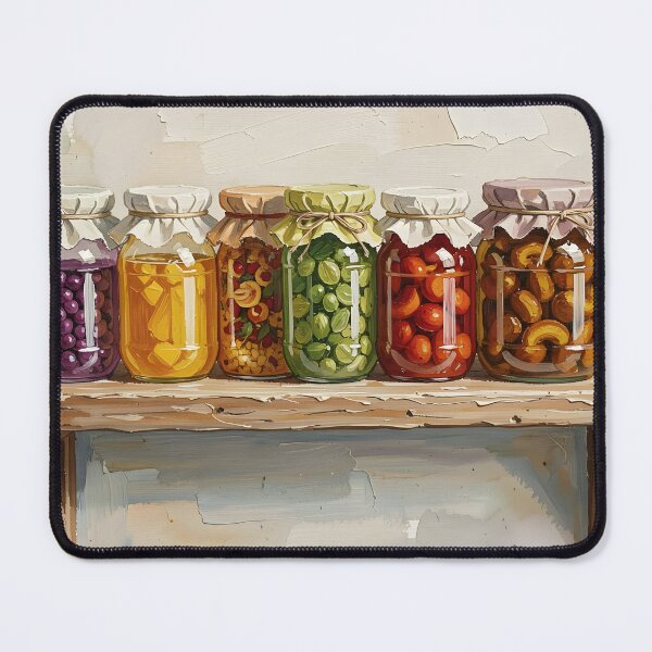 Item preview, Seven Jars of Pickles on a Rustic Shelf — Folk Art Kitchen Print designed and sold by Kelvin Hughes Design.