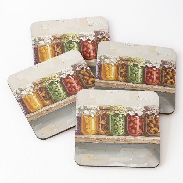 Item preview, Seven Jars of Pickles on a Rustic Shelf — Folk Art Kitchen Print designed and sold by Kelvin Hughes Design.