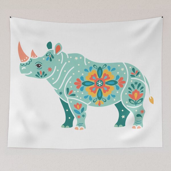 Item preview, Calm Floral Folk Art Rhinoceros Guardian – Hope for Wildlife Scandinavian Folk Art by heidiannemorris © designed and sold by FOLK ART FUSION by heidiannemorris.