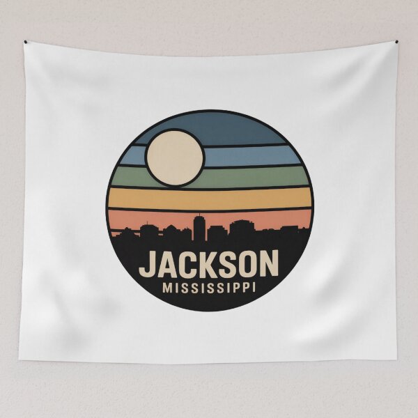 Item preview, Jackson Mississippi: Retro Multicolor Sunset Skyline Badge designed and sold by CircinusStore.