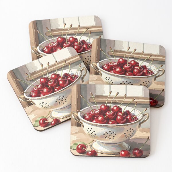 Item preview, Colander of Fresh Cherries — Folk Art Kitchen Print designed and sold by Kelvin Hughes Design.
