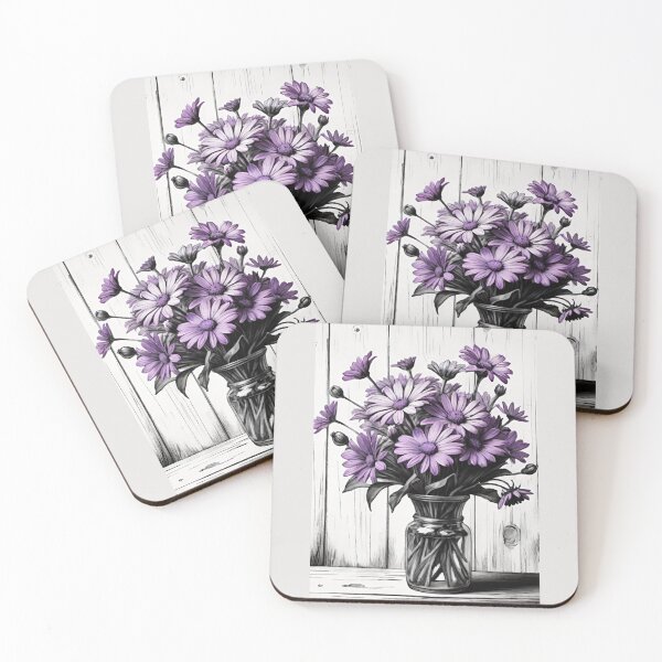 Aperçu de l'œuvre Marguerites violettes éclatantes dans un vase en verre sur du bois rustique créée et vendue par AlxVel.