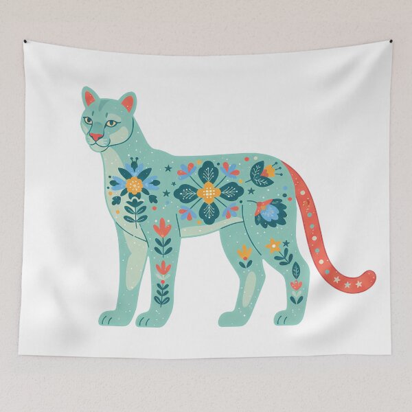 Item preview, Calm Floral Folk Art Mountain Lion Guardian – Scandinavian Folk Art by heidiannemorris © designed and sold by FOLK ART FUSION by heidiannemorris.