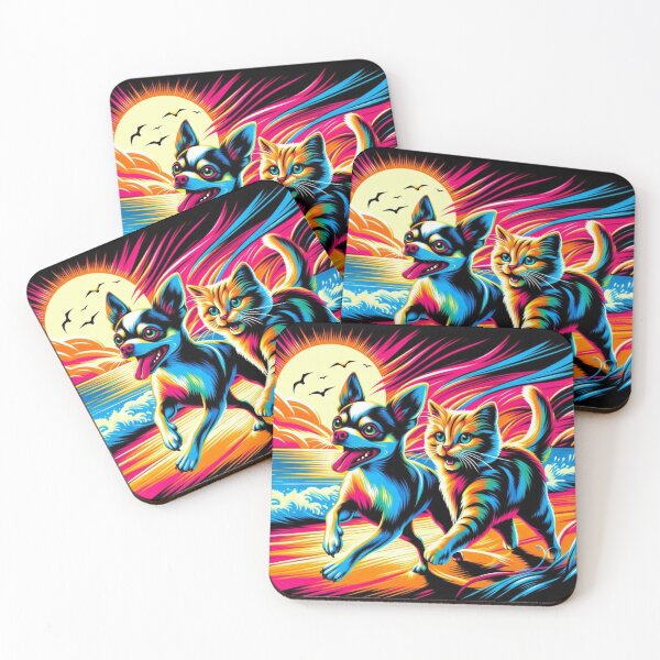 Item preview, Neon Sunset Duo –Chihuahua Dog & Cat Beach Run designed and sold by Dogandesighn.