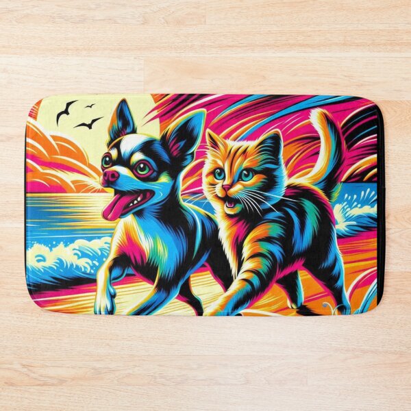 Item preview, Neon Sunset Duo –Chihuahua Dog & Cat Beach Run designed and sold by Dogandesighn.