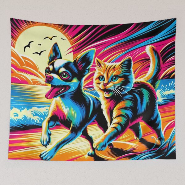 Item preview, Neon Sunset Duo –Chihuahua Dog & Cat Beach Run designed and sold by Dogandesighn.