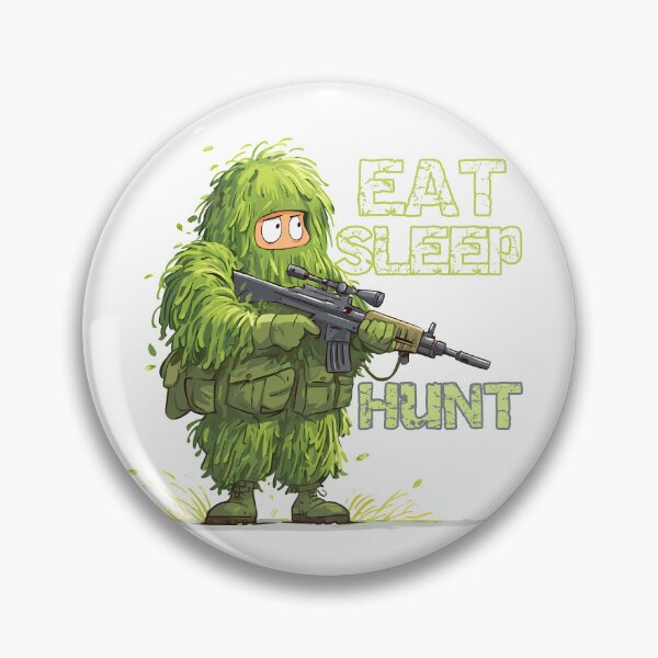Item preview, Eat Sleep Hunt - Funny Ghillie Suit Sniper Hunter Cartoon Art Print designed and sold by DesignArtist.ia.