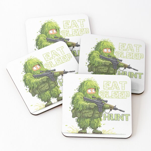 Item preview, Eat Sleep Hunt - Funny Ghillie Suit Sniper Hunter Cartoon Art Print designed and sold by DesignArtist.ia.