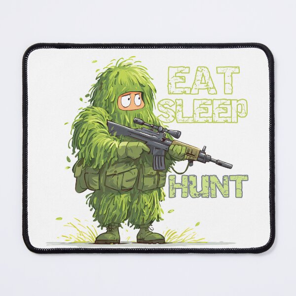 Item preview, Eat Sleep Hunt - Funny Ghillie Suit Sniper Hunter Cartoon Art Print designed and sold by DesignArtist.ia.