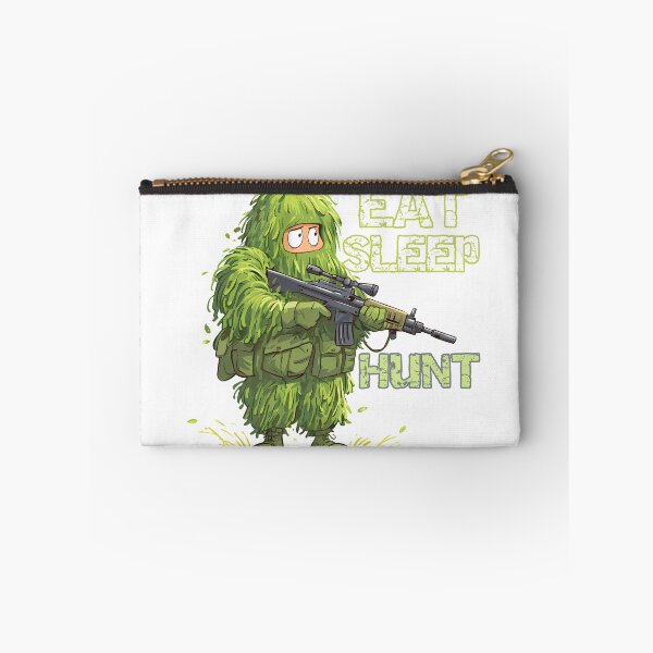 Item preview, Eat Sleep Hunt - Funny Ghillie Suit Sniper Hunter Cartoon Art Print designed and sold by DesignArtist.ia.