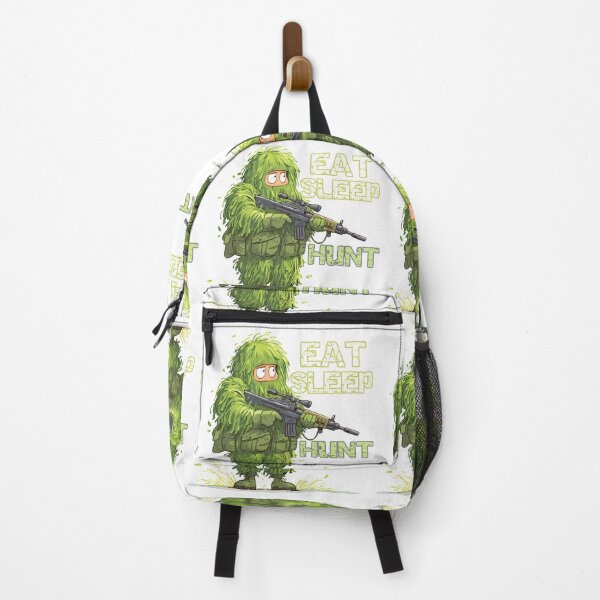 Item preview, Eat Sleep Hunt - Funny Ghillie Suit Sniper Hunter Cartoon Art Print designed and sold by DesignArtist.ia.