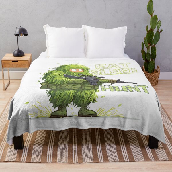 Item preview, Eat Sleep Hunt - Funny Ghillie Suit Sniper Hunter Cartoon Art Print designed and sold by DesignArtist.ia.