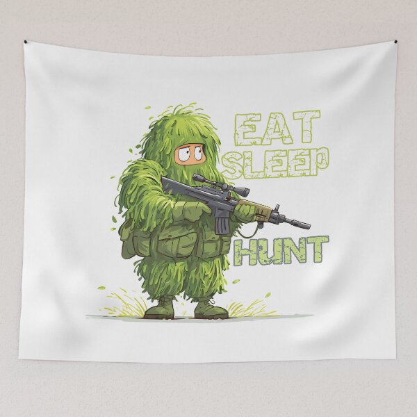 Item preview, Eat Sleep Hunt - Funny Ghillie Suit Sniper Hunter Cartoon Art Print designed and sold by DesignArtist.ia.