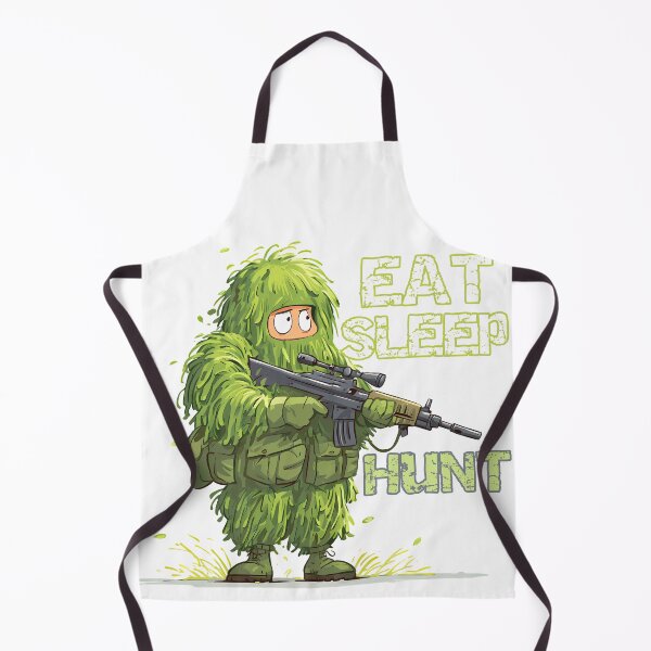 Item preview, Eat Sleep Hunt - Funny Ghillie Suit Sniper Hunter Cartoon Art Print designed and sold by DesignArtist.ia.