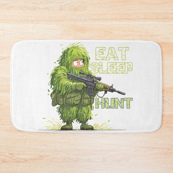 Item preview, Eat Sleep Hunt - Funny Ghillie Suit Sniper Hunter Cartoon Art Print designed and sold by DesignArtist.ia.