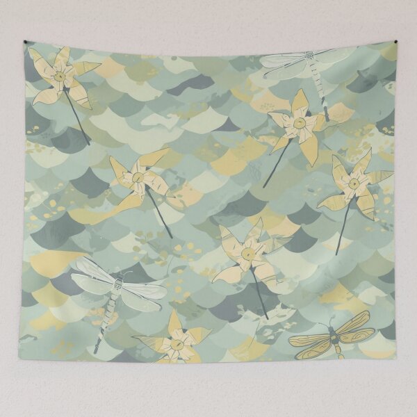 Item preview, Japanese Dragonfly Pinwheel Pattern — Sage Green Yellow Seigaiha Whimsical Print designed and sold by AiMEiRi.
