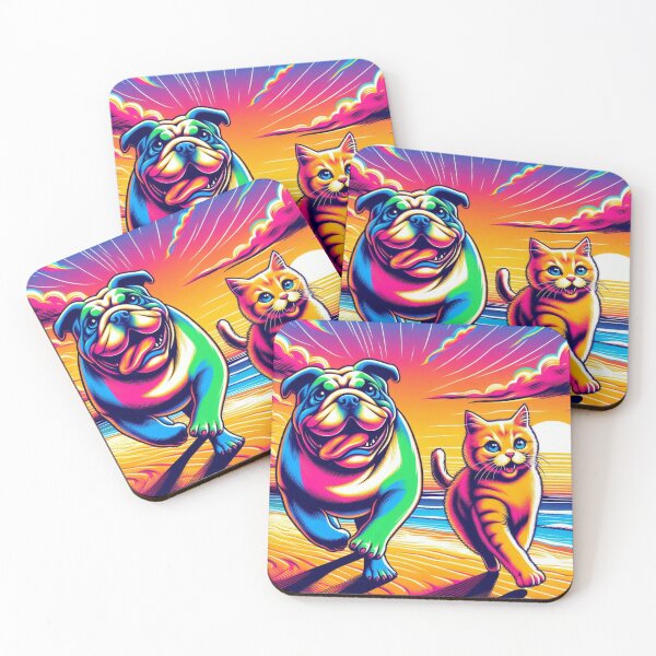 Item preview, Cosmic Beach Run – Surreal Bulldog & Cat Artwork designed and sold by Dogandesighn.